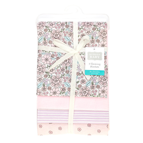 Hudson Baby Cotton Flannel Receiving Blankets, Outline Floral Soft Pink