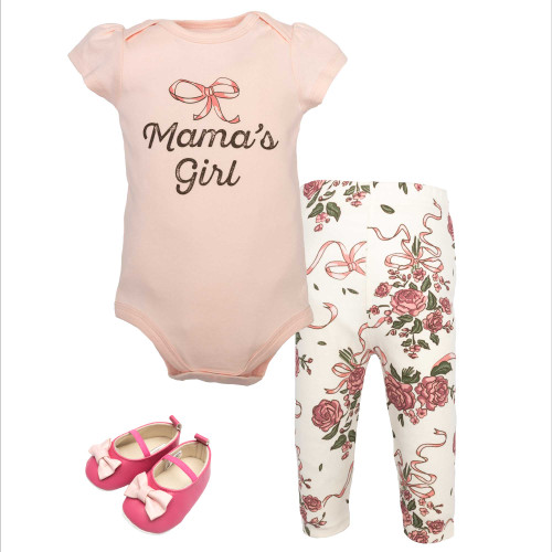 Hudson Baby Cotton Bodysuit, Pant and Shoe Set, Floral Bow