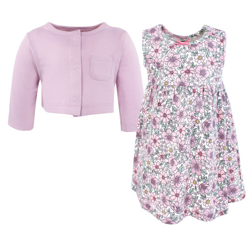 Hudson Baby Cotton Dress and Cardigan Set, Pink Purple Pretty Floral
