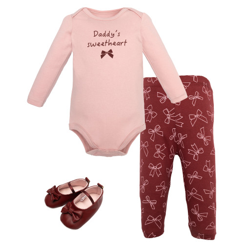 Hudson Baby Cotton Bodysuit, Pant and Shoe Set, Sweetheart Bows