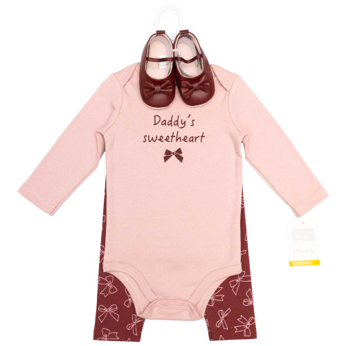 Hudson Baby Cotton Bodysuit, Pant and Shoe Set, Sweetheart Bows
