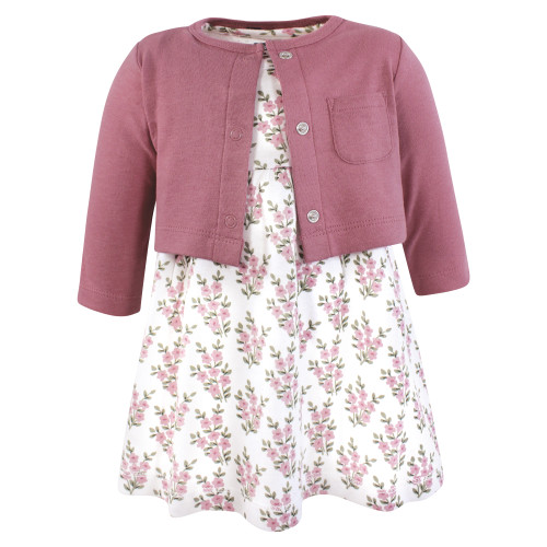 Hudson Baby Cotton Dress and Cardigan Set, Plum Wildflower