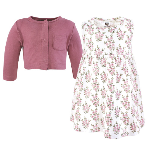 Hudson Baby Cotton Dress and Cardigan Set, Plum Wildflower