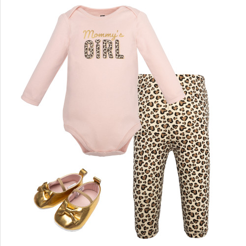 Hudson Baby Cotton Bodysuit, Pant and Shoe Set, Leopard Hearts Girl