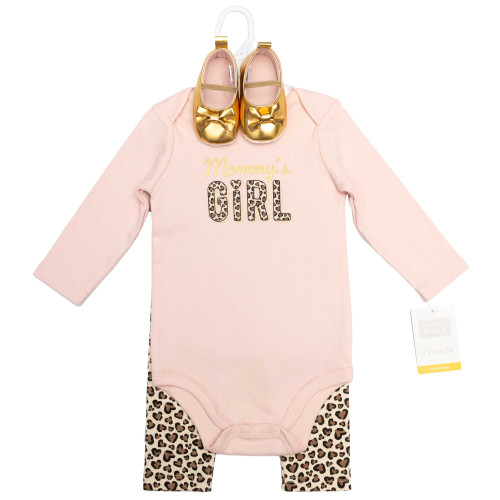 Hudson Baby Cotton Bodysuit, Pant and Shoe Set, Leopard Hearts Girl