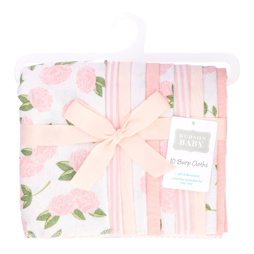 Hudson Baby Cotton Flannel Burp Cloths, Pink Peony 3