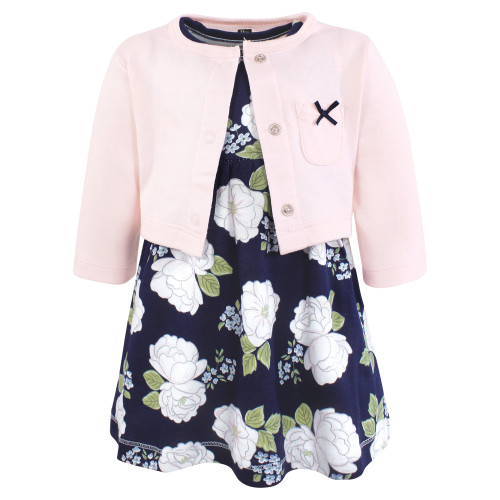 Hudson Baby Cotton Dress and Cardigan Set, White Peonies