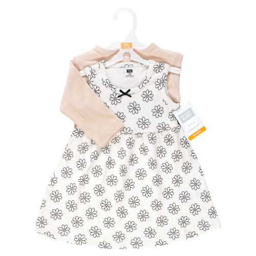 Hudson Baby Cotton Dress and Cardigan Set, Neutral Daisy