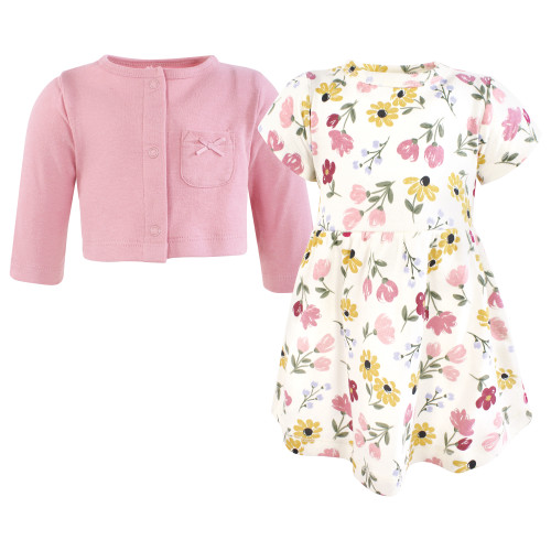 Hudson Baby Cotton Dress and Cardigan Set, Soft Painted Floral
