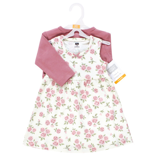 Hudson Baby Cotton Dress and Cardigan Set, Mauve Sage Rose