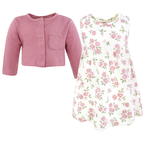 Hudson Baby Cotton Dress and Cardigan Set, Mauve Sage Rose