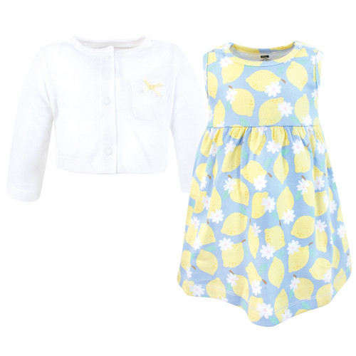 Hudson Baby Cotton Dress and Cardigan Set, Blue Lemons