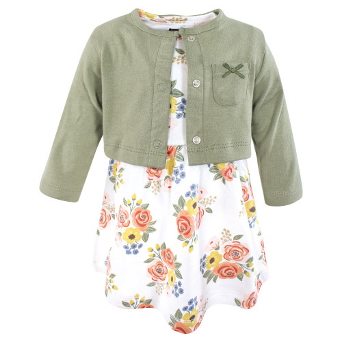 Hudson Baby Cotton Dress and Cardigan Set, Golden Bouquet