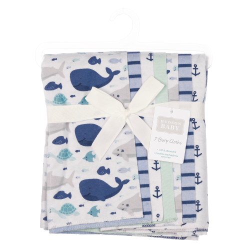 Hudson Baby Cotton Flannel Burp Cloths, Sea Friends 7-Pack