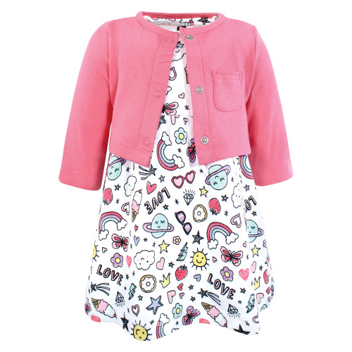 Hudson Baby Cotton Dress and Cardigan Set, Pink Doodles