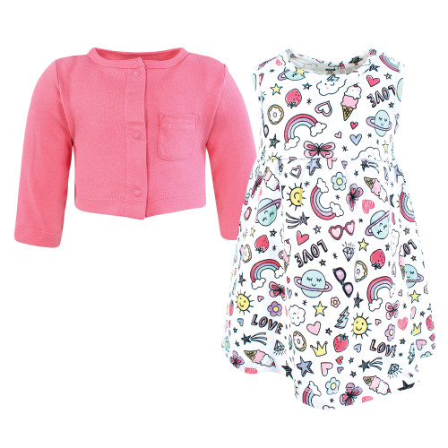 Hudson Baby Cotton Dress and Cardigan Set, Pink Doodles