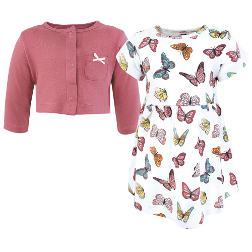Hudson Baby Cotton Dress and Cardigan Set, Mauve Butterflies