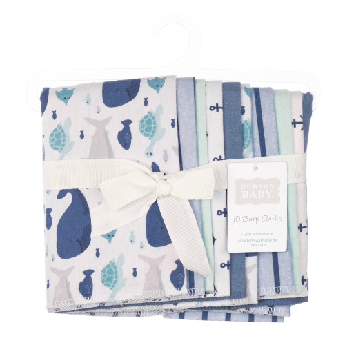 Hudson Baby Cotton Flannel Burp Cloths, Sea Friends 10-Pack