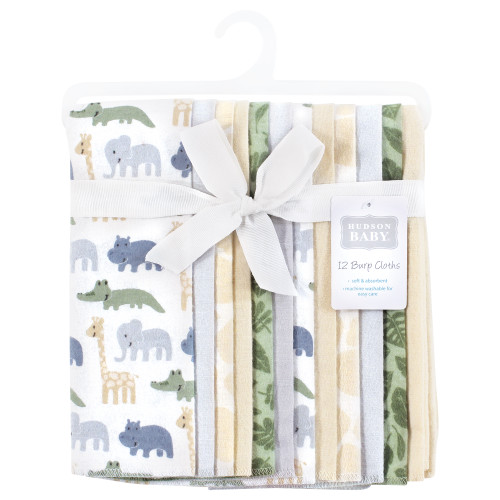 Hudson Baby Cotton Flannel Burp Cloths Bundle, Wild Leaf Safari 12-Pack