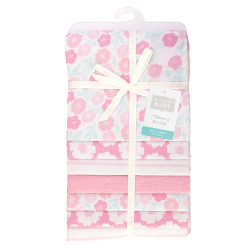 Hudson Baby Cotton Flannel Receiving Blankets Bundle, Pink Daisies