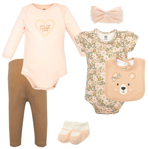 Hudson Baby Cotton Layette Set, Floral Brown Bear