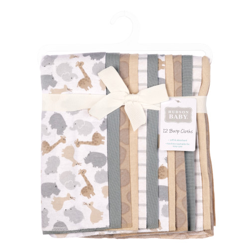 Hudson Baby Cotton Flannel Burp Cloths Bundle, Safari Friends 12-Pack