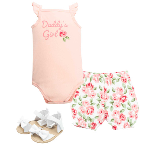 Hudson Baby Cotton Bodysuit, Shorts and Shoe Set, Coral Floral