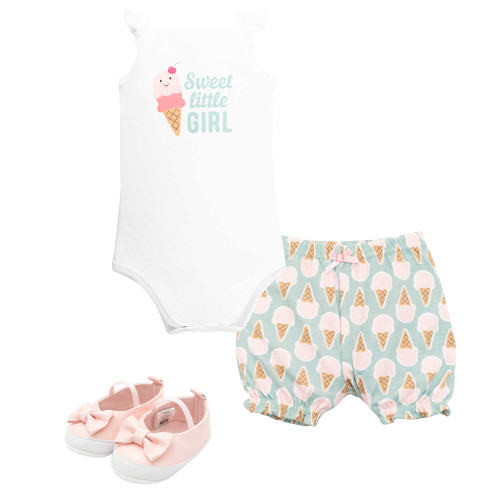 Hudson Baby Cotton Bodysuit, Shorts and Shoe Set, Sweet Ice Cream