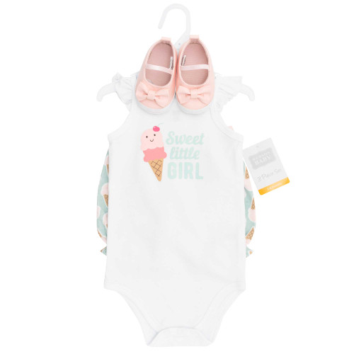 Hudson Baby Cotton Bodysuit, Shorts and Shoe Set, Sweet Ice Cream