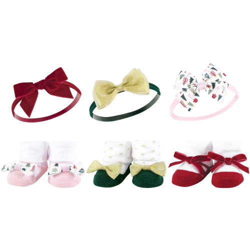 Hudson Baby Baby Girls Headband and Socks Giftset 6Pc, Modern Christmas Tree