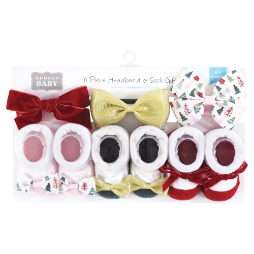 Hudson Baby Baby Girls Headband and Socks Giftset 6Pc, Modern Christmas Tree