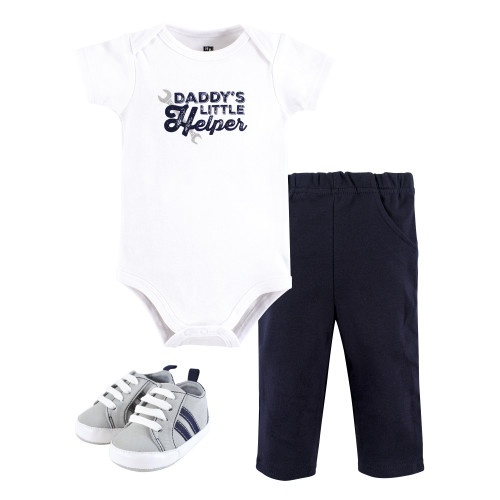 Hudson Baby Unisex Baby Cotton Bodysuit, Pant and Shoe Set, Daddys Helper Watch