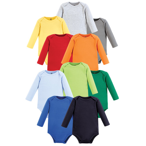 Hudson Baby Unisex Baby Cotton Long Sleeve Bodysuit 10pk, Solid Primary Long Sleeve