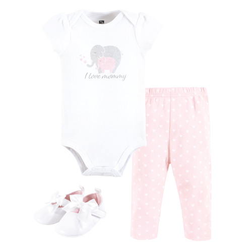 Hudson Baby Unisex Baby Cotton Bodysuit, Pant and Shoe Set, Love Mommy Elephant