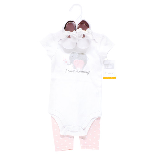 Hudson Baby Unisex Baby Cotton Bodysuit, Pant and Shoe Set, Love Mommy Elephant