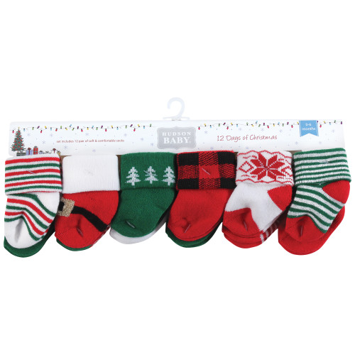 Hudson Baby Unisex Baby Cotton Rich Newborn and Terry Socks 12-Pack, 12 Days Of Christmas Plaid Trees