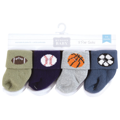 Hudson Baby Unisex Baby Cotton Rich Newborn and Terry Socks 8-Pack, Sports
