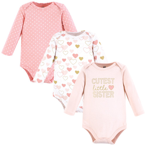 Hudson Baby Unisex Baby Cotton Long-Sleeve Bodysuits 3-Pack, Cutest Sister Hearts
