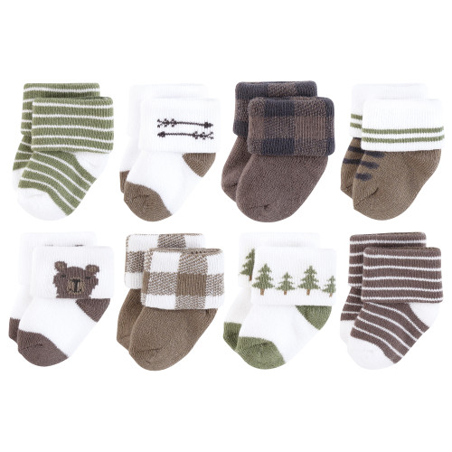 Hudson Baby Unisex Baby Cotton Rich Newborn and Terry Socks 8-Pack, Forest Bear