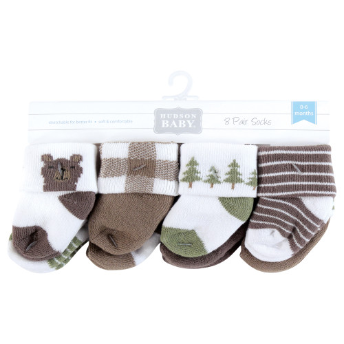 Hudson Baby Unisex Baby Cotton Rich Newborn and Terry Socks 8-Pack, Forest Bear
