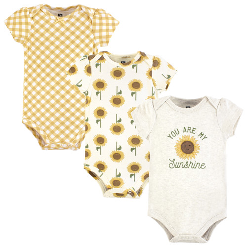 Hudson Baby Unisex Baby Cotton Bodysuits 3-Pack, Sunshine Sunflower