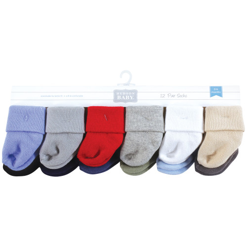 Hudson Baby Unisex Baby Cotton Rich Newborn and Terry Socks 12-Pack, Solid Blue Red