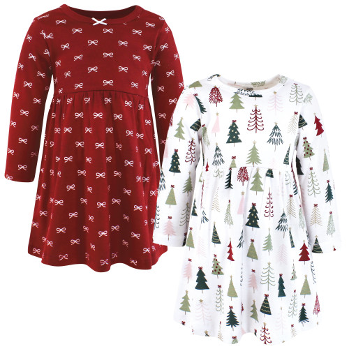 Hudson Baby Girls Cotton Dresses 2-Pack, Modern Christmas Tree