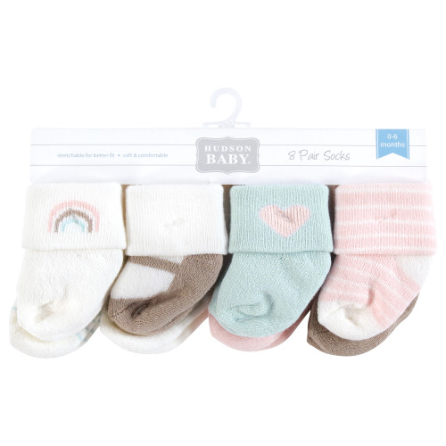 Hudson Baby Unisex Baby Cotton Rich Newborn and Terry Socks 8-Pack, Rainbow Heart