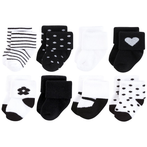 Hudson Baby Unisex Baby Cotton Rich Newborn and Terry Socks 8-Pack, Black Flower