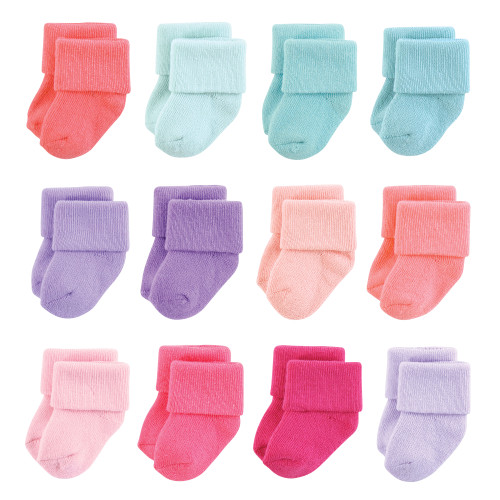 Hudson Baby Unisex Baby Cotton Rich Newborn and Terry Socks 12-Pack, Solid Pink Purple