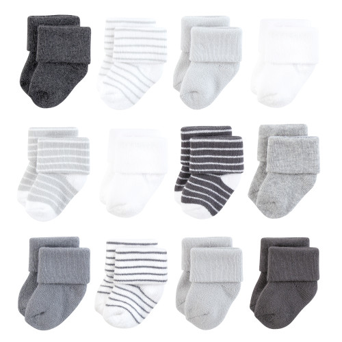 Hudson Baby Unisex Baby Cotton Rich Newborn and Terry Socks 12-Pack, Gray White Stripe