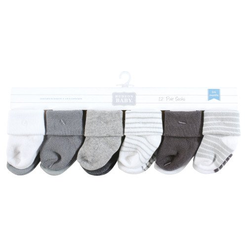 Hudson Baby Unisex Baby Cotton Rich Newborn and Terry Socks 12-Pack, Gray White Stripe