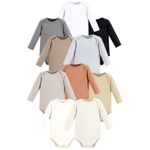 Hudson Baby Unisex Baby Cotton Long Sleeve Bodysuit 10pk, Solid Neutrals Long Sleeve