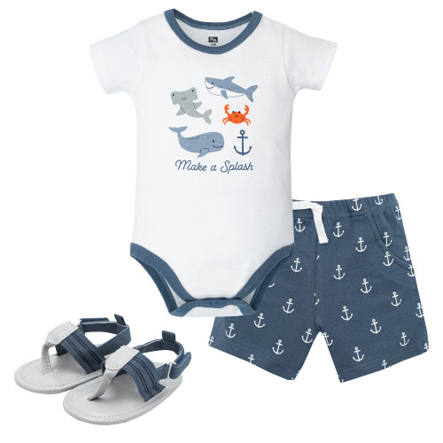 Hudson Baby Cotton Bodysuit, Shorts and Shoe Set, Ocean Animals